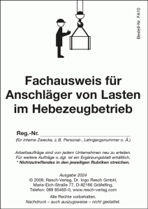 Ausweis Anschlagen von Lasten